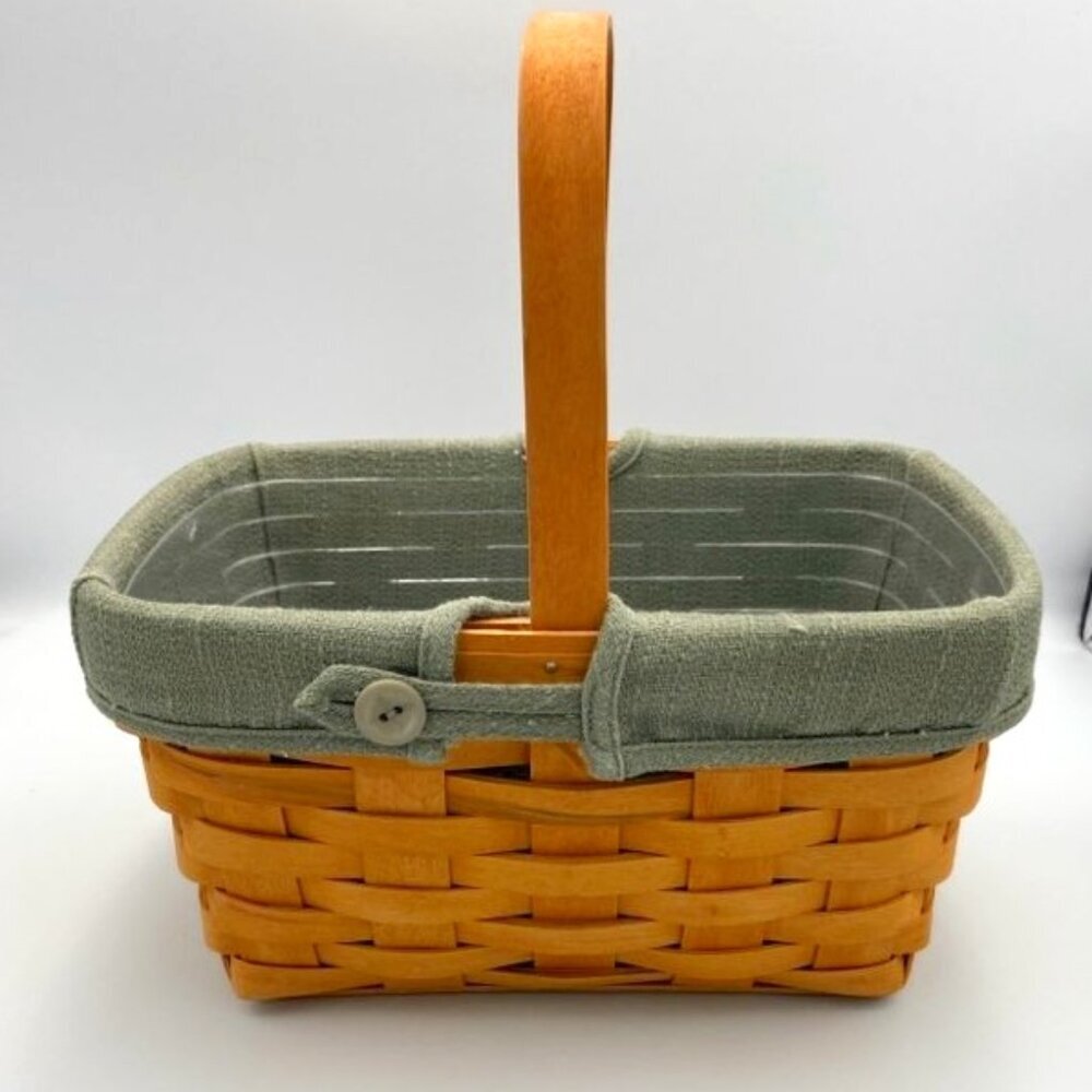Longaberger Basket Rectangle 2002 Green Fabric & Plastic Liners Handmade USA